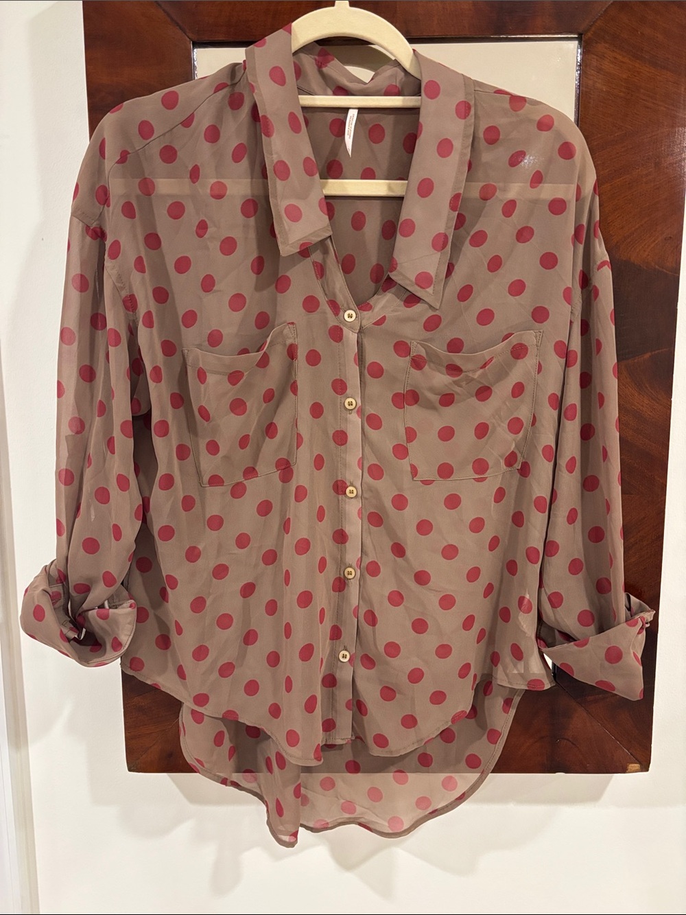 Free People Taupe camel chiffon Blouse with red Polka Dots size XS
